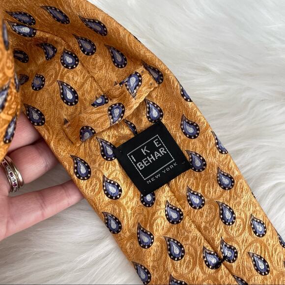IKE Behar | Gold & Blue Paisley Print 100% Silk Tie USA Tailored Professional - Picture 5 of 6